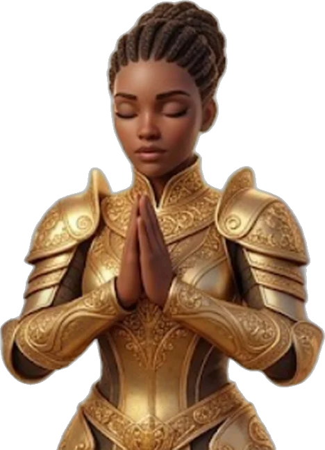 Gladía, personaje virtual con armadura dorada y las manos en oración