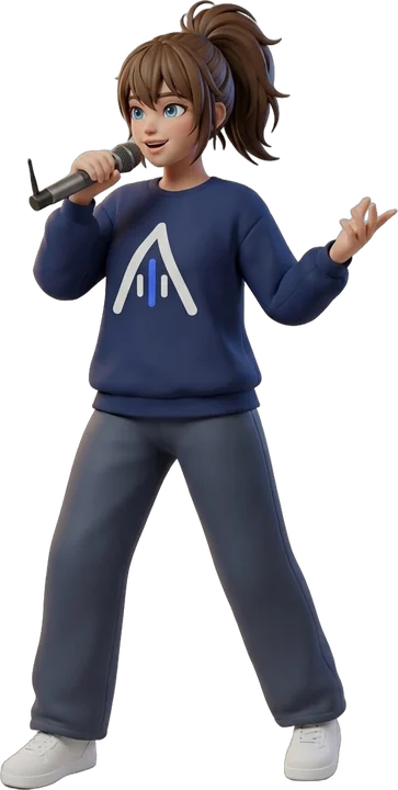 PichiGirl, personaje virtual juvenil cantando con micrófono y sudadera azul con el símbolo de AYRIAM